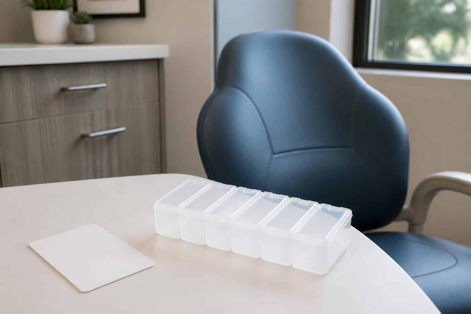 Plain medication organizer and blank card beside an empty dental consultation chair