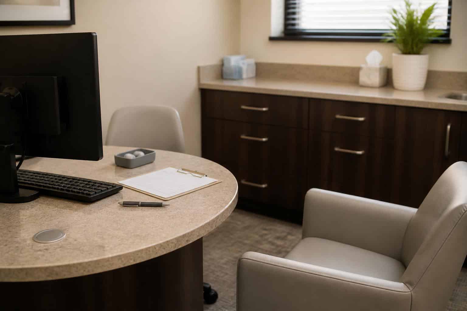 Calm dental consultation room with a blank monitor and clipboard