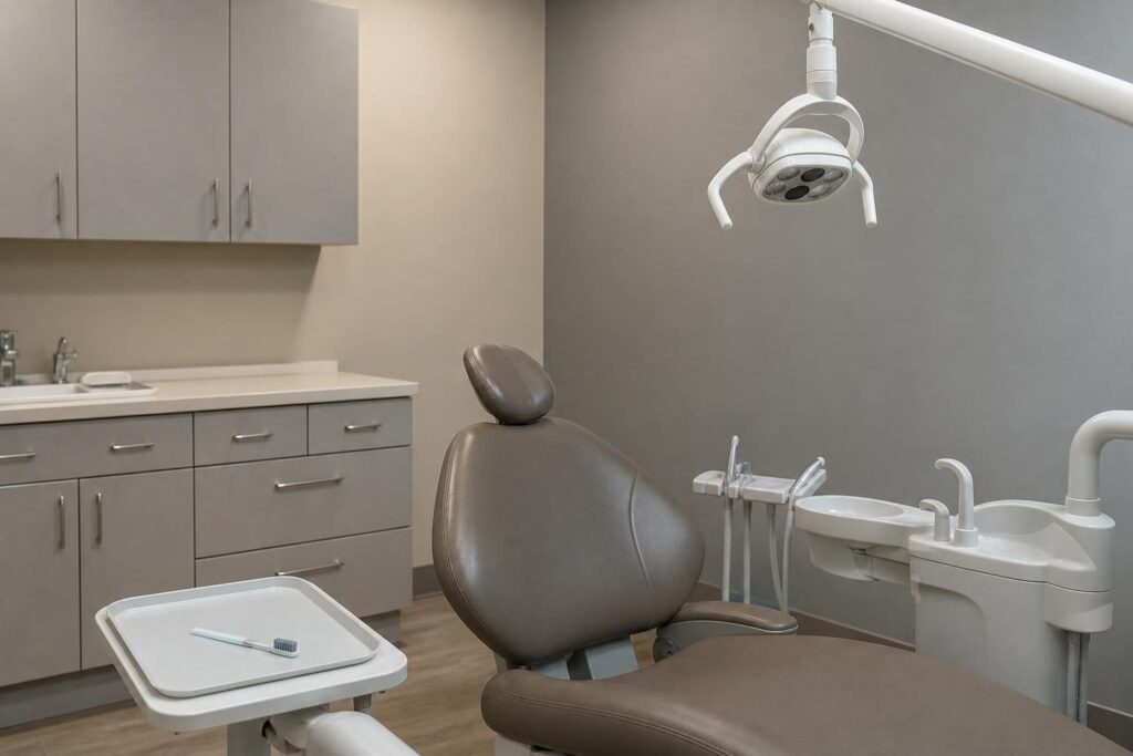 Dental treatment room with a soft toothbrush on the instrument tray