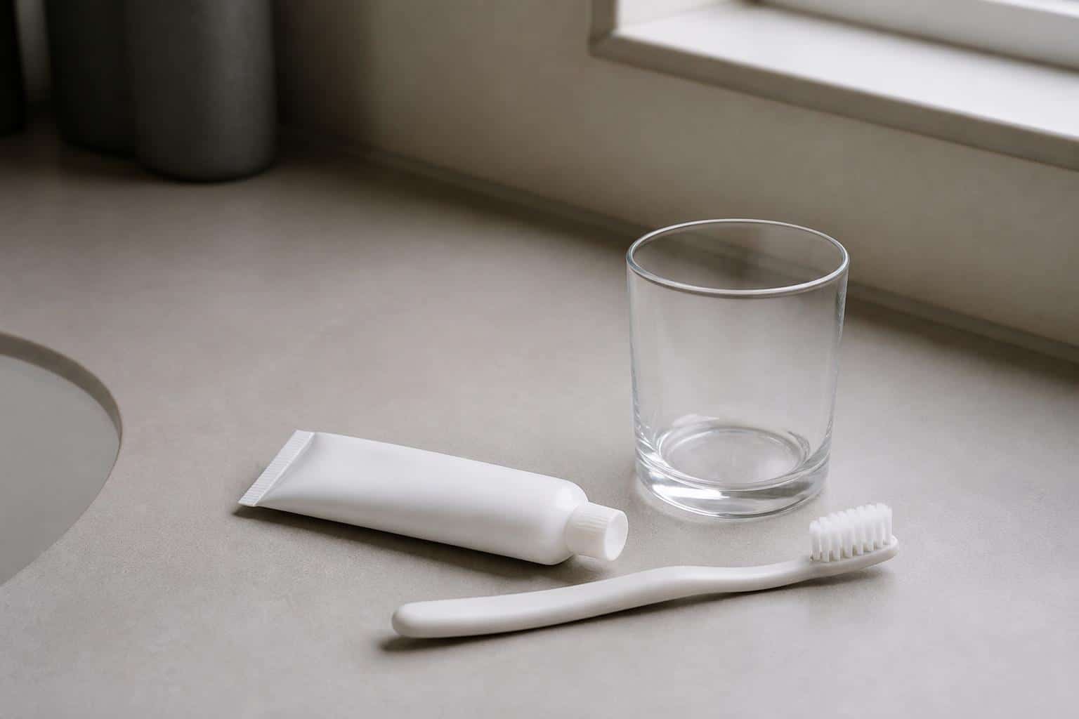 Soft toothbrush, plain toothpaste tube, and empty glass on a bathroom counter