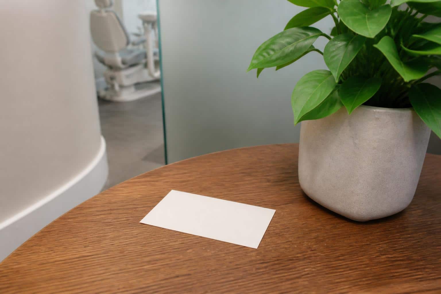 Blank appointment card beside a plant in a dental office