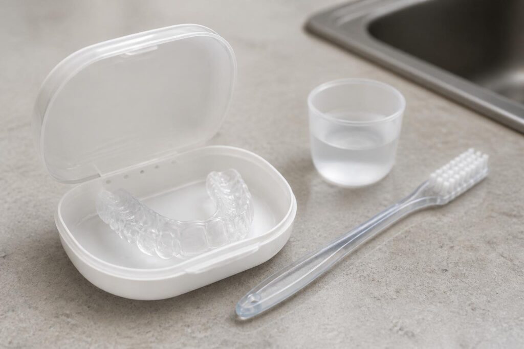 Clear night guard in an open case beside a toothbrush and rinse cup