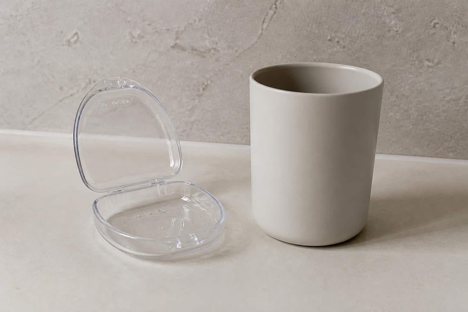 Open ventilated night guard case beside a rinse cup