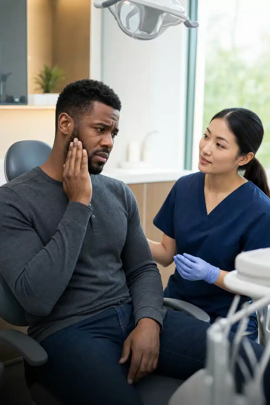 A patient describing tooth pain to a dental professional