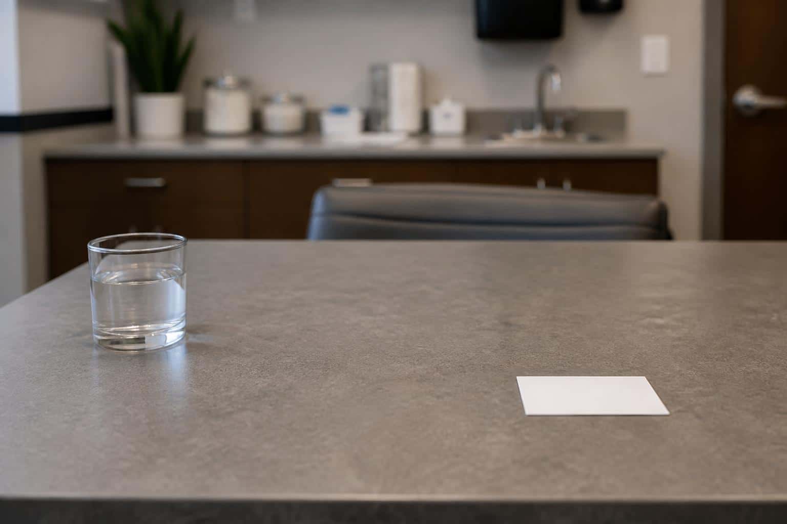 Glass of water and blank note card on a dental consultation table