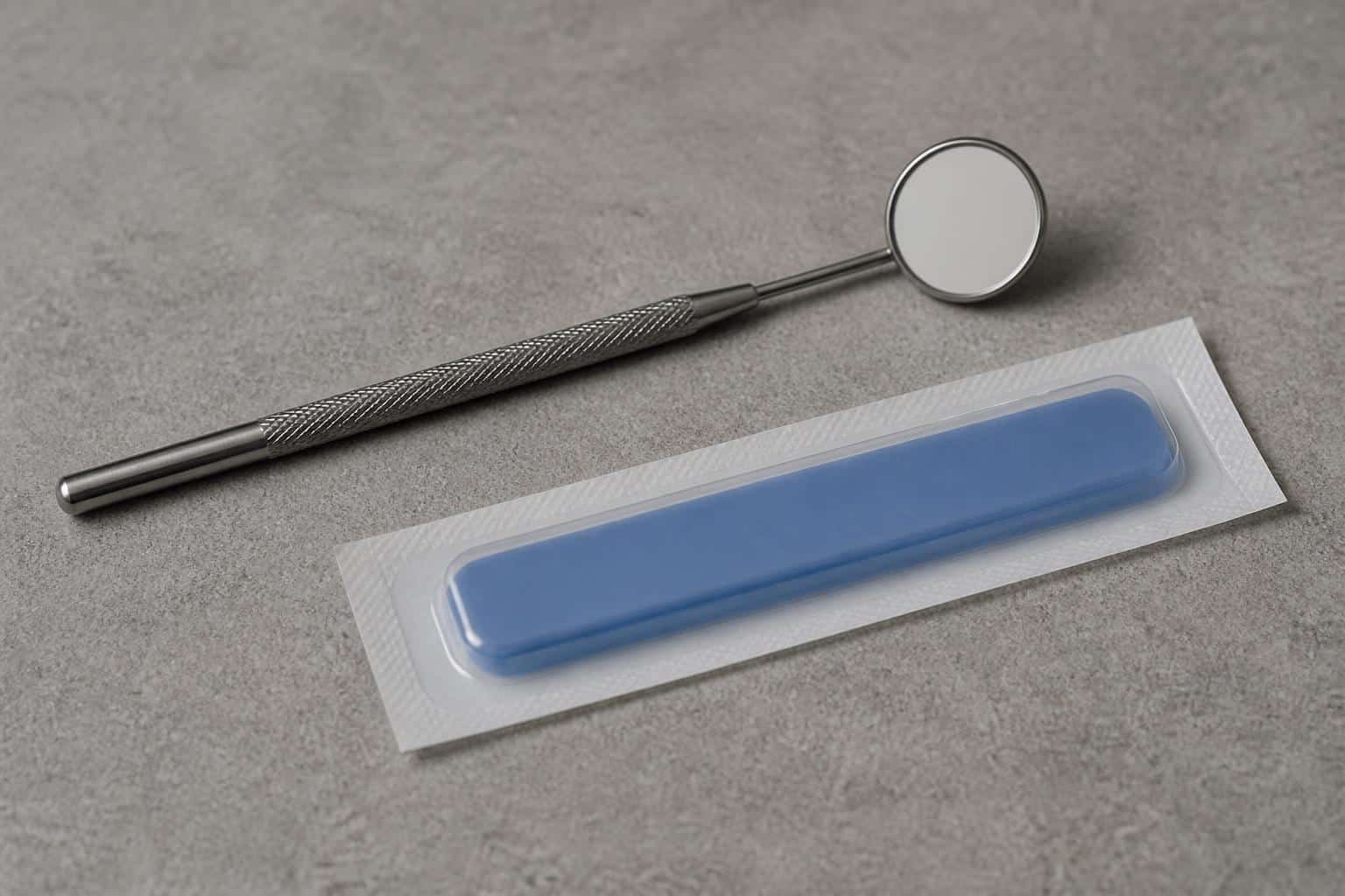 Dental mirror and sealed bite-registration material on a clean clinical surface