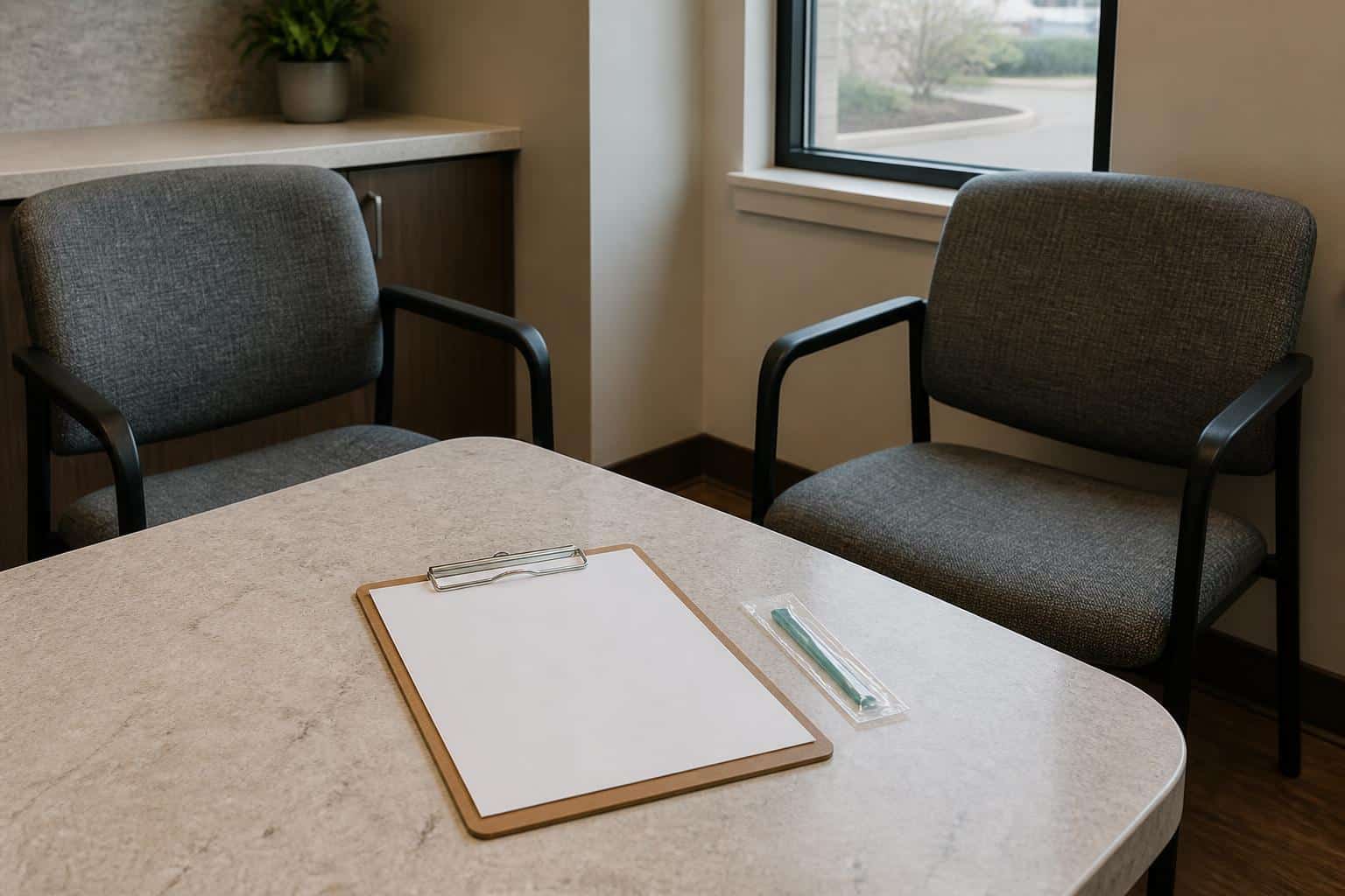 Dental consultation area with two chairs, a blank clipboard, and a sealed dental item