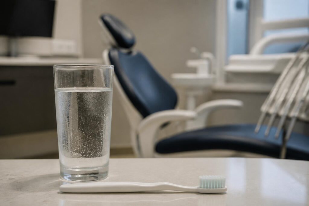 Cold glass of water and toothbrush in a dental treatment room