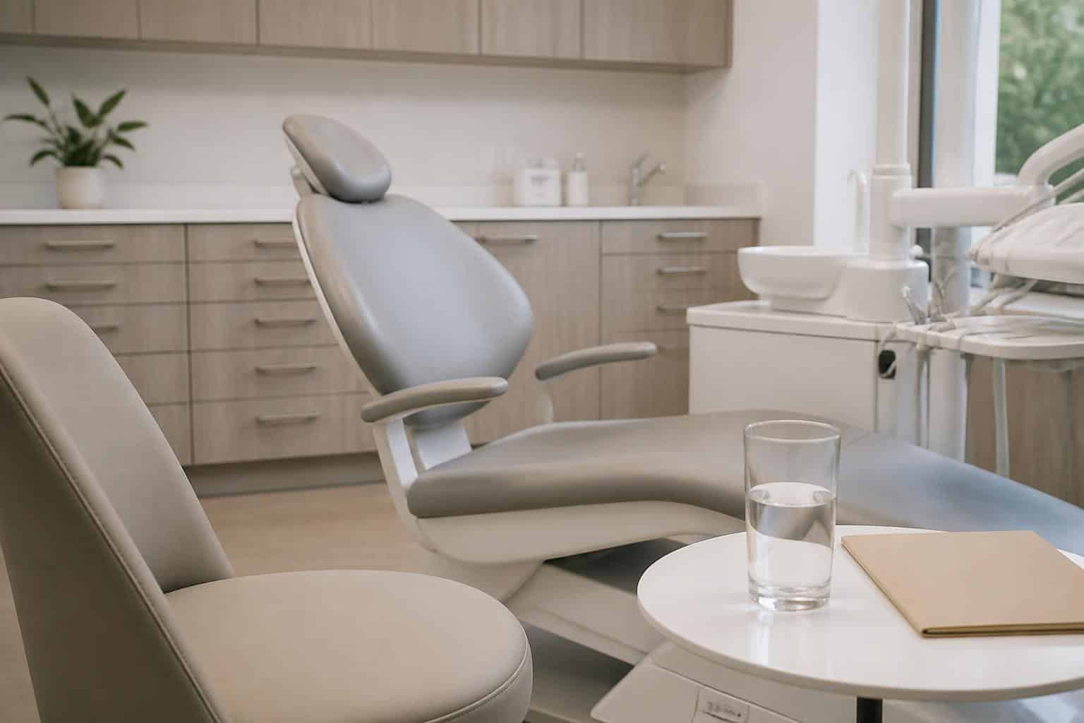 Glass of water on a consultation table beside a dental chair