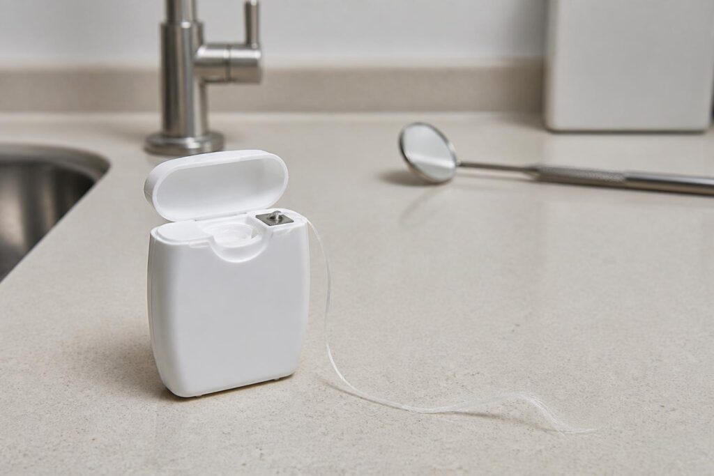 A frayed strand of dental floss beside a plain dispenser