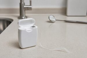 A frayed strand of dental floss beside a plain dispenser