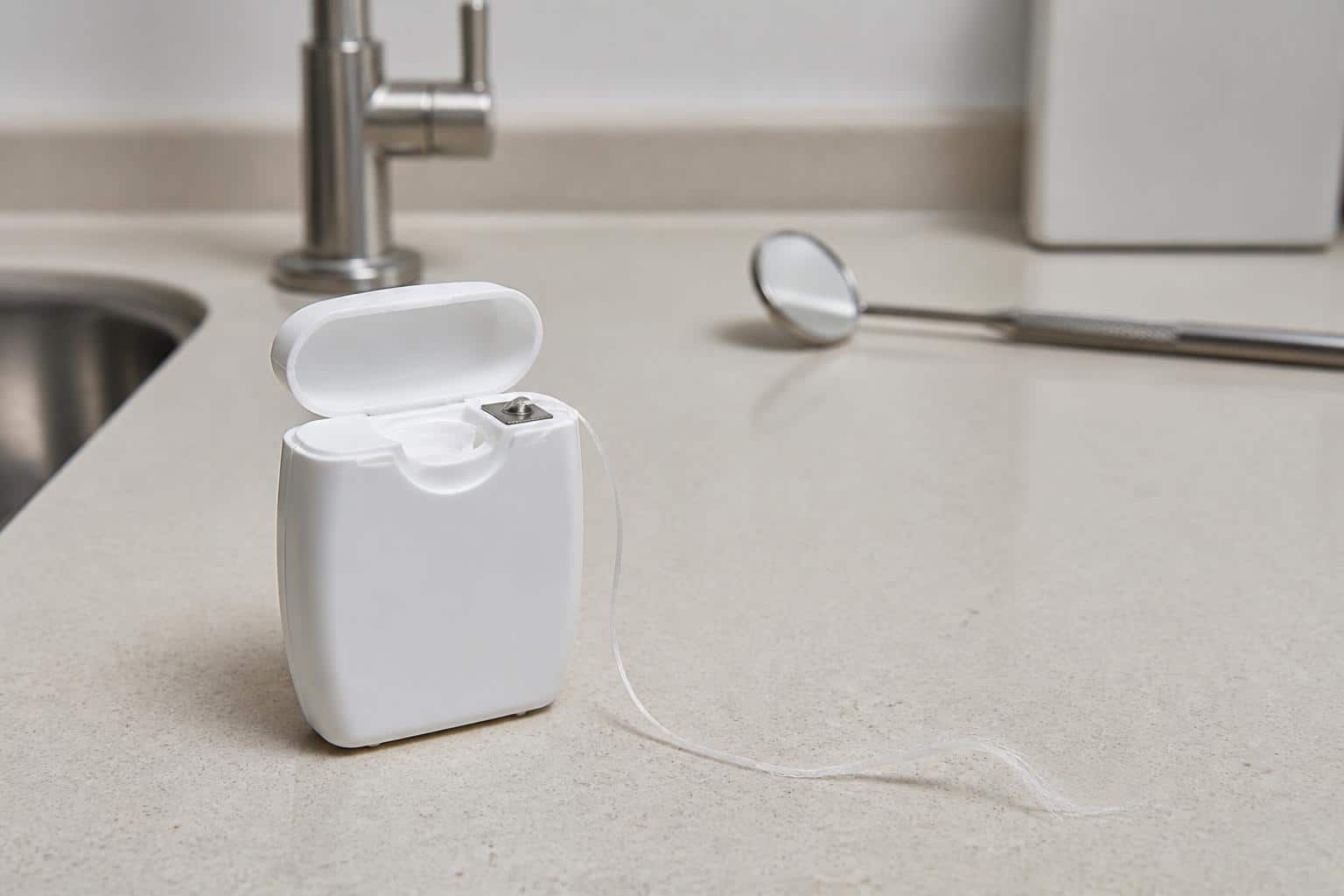 A frayed strand of dental floss beside a plain dispenser