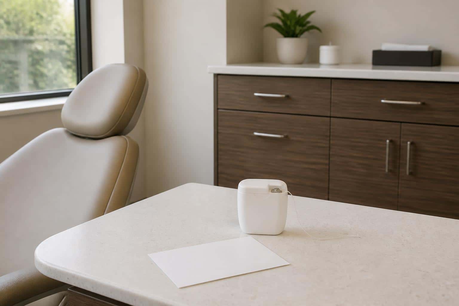 Floss container and blank note card in an empty dental consultation area