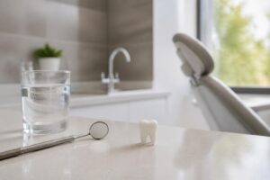 A glass of water beside a dental mirror and tooth model on a dental office counter