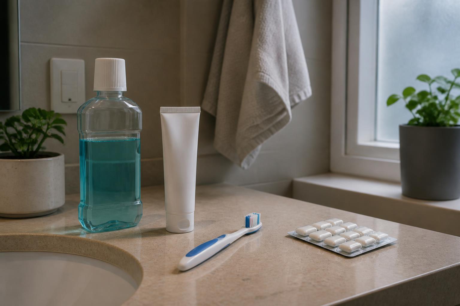 Toothbrush, toothpaste, alcohol-free mouth rinse and sugar-free gum on a bathroom counter