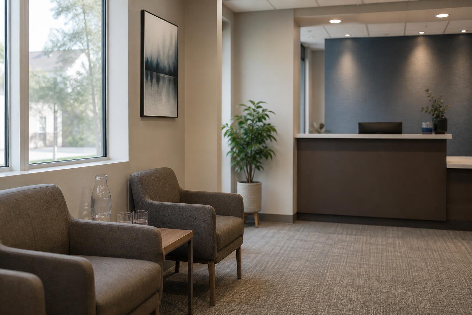 A calm dental office waiting area with chairs and a water carafe