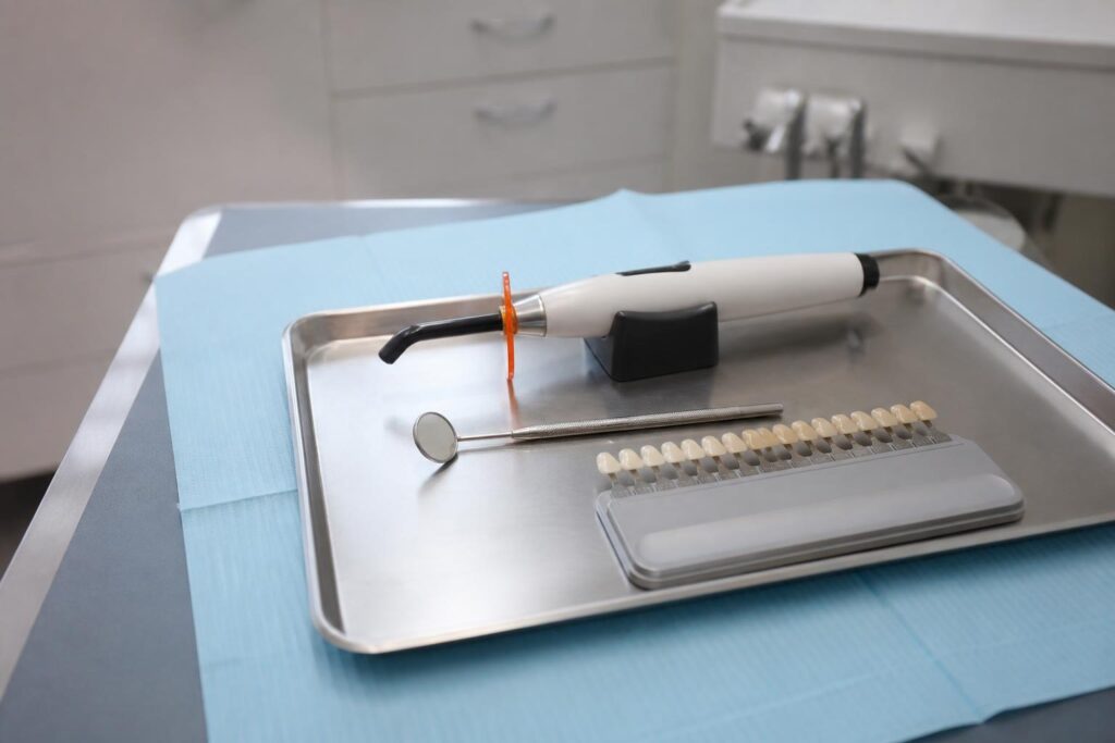 Dental tray with a mouth mirror, curing light and tooth shade guide used for bonding