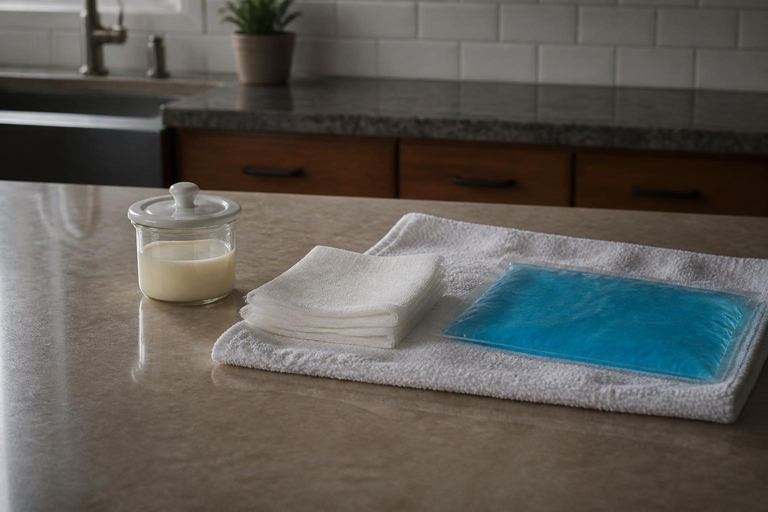 A small container of milk, clean gauze and a cold pack on a kitchen counter