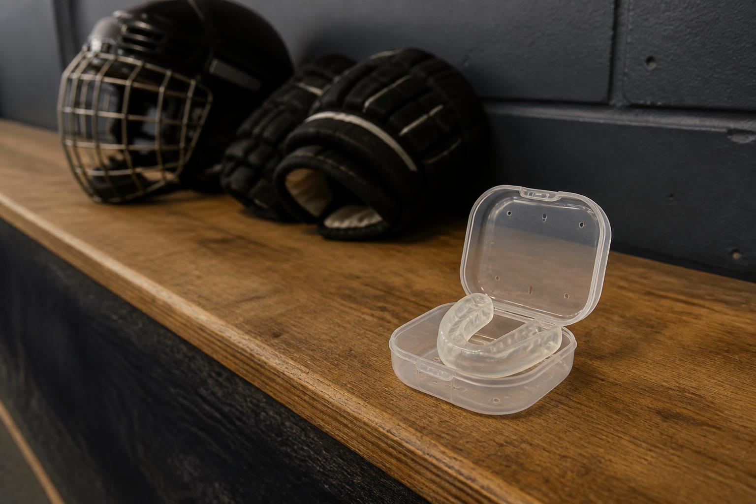 A clear sports mouthguard in its case beside a hockey helmet and gloves
