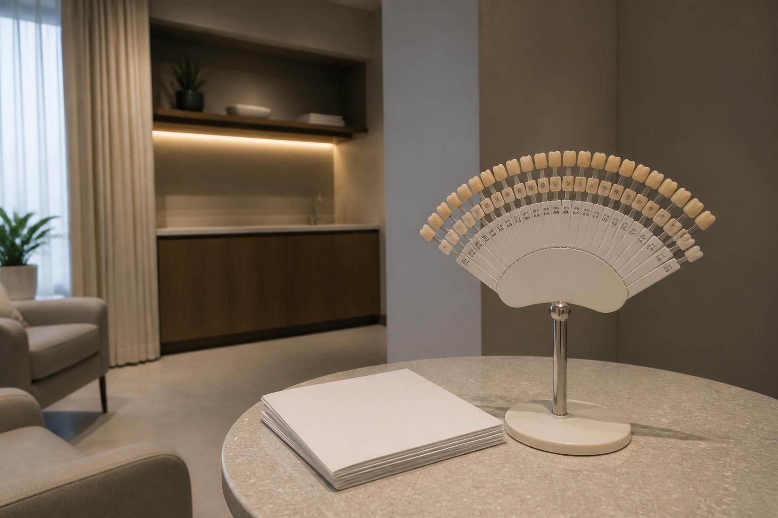 Empty cosmetic dentistry consultation room with a tooth shade guide displayed on a stand