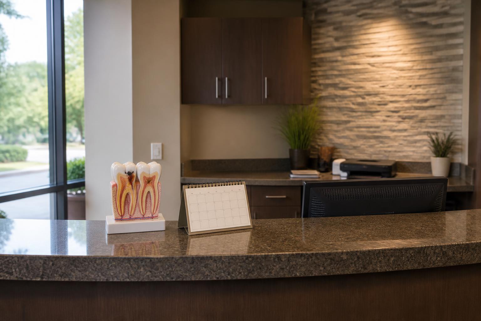 Dental office reception desk with a tooth model display and a desk calendar for scheduling