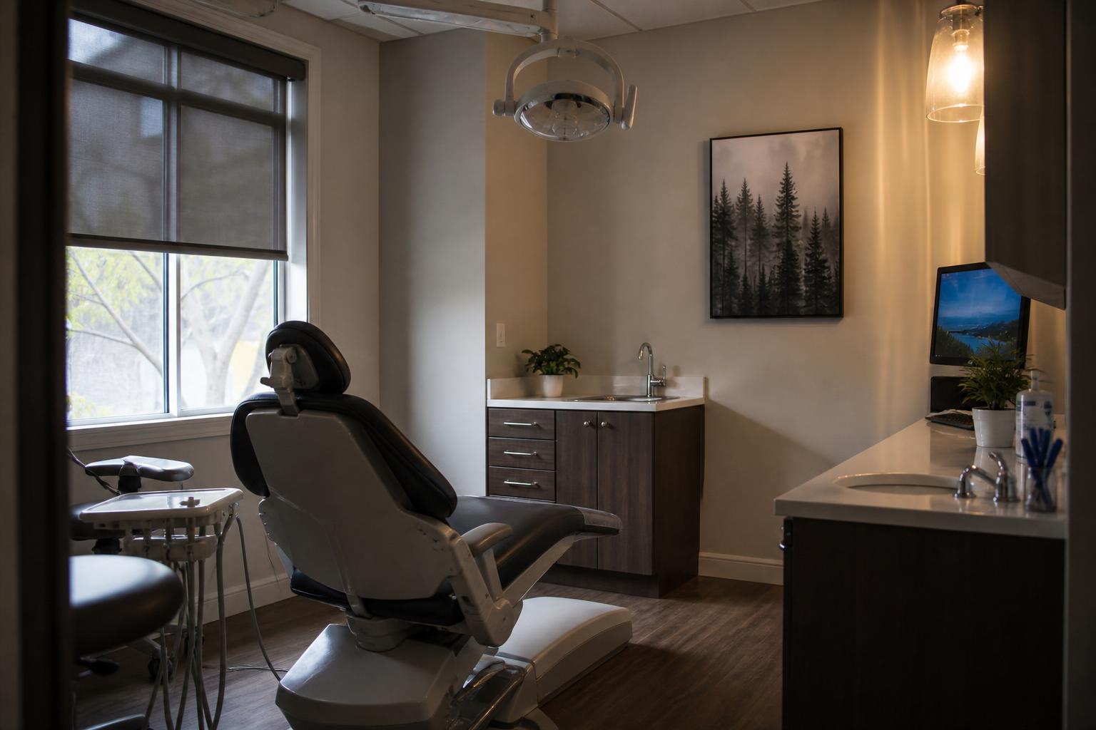 Calm dental treatment room prepared for an oral sedation dentistry appointment with dimmed lighting