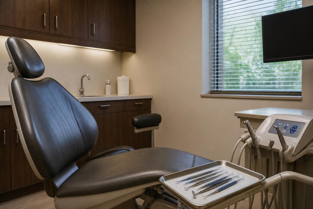 Empty dental hygiene treatment room set up for scaling and root planing deep cleaning with an ultrasonic scaler and instrument tray