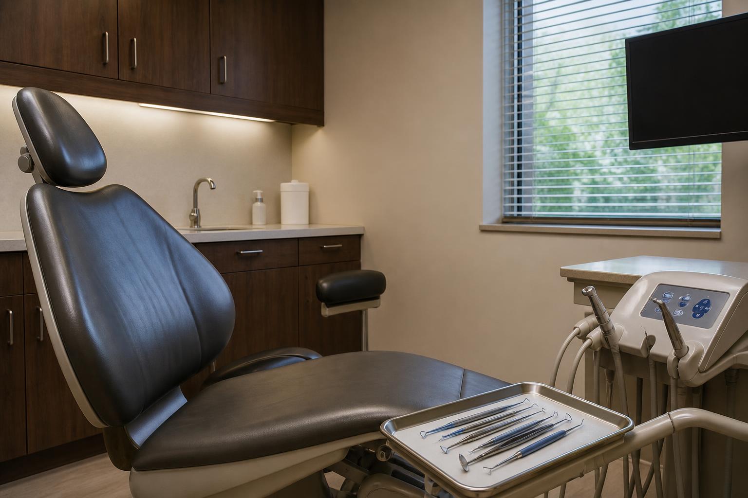 Empty dental hygiene treatment room set up for scaling and root planing deep cleaning with an ultrasonic scaler and instrument tray