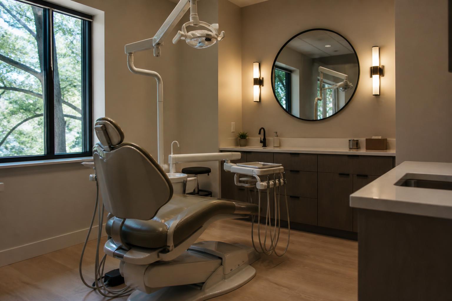 Cosmetic dentistry treatment room with soft lighting and a mirror on the wall