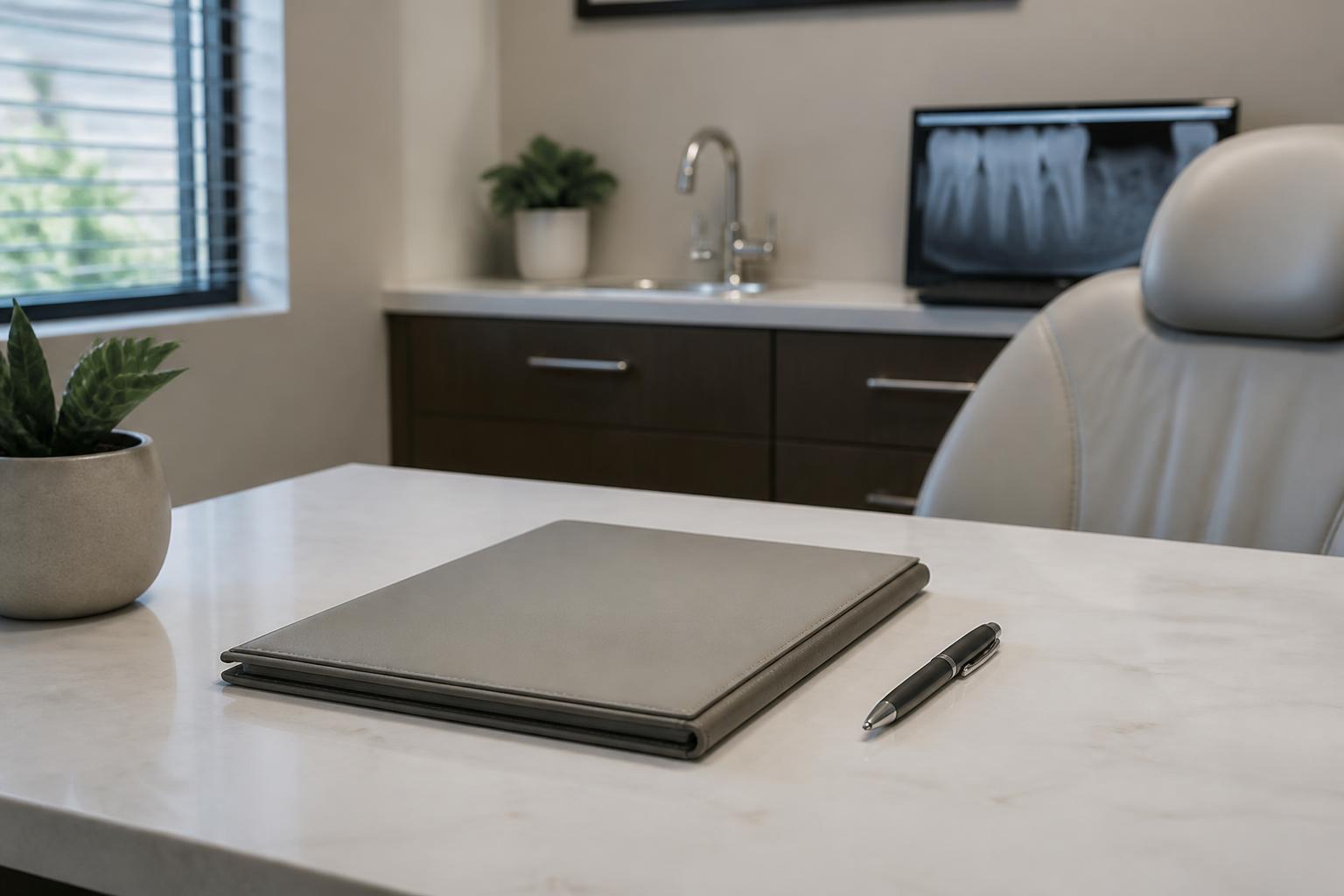 Clean dental office desk with a closed folder and a pen