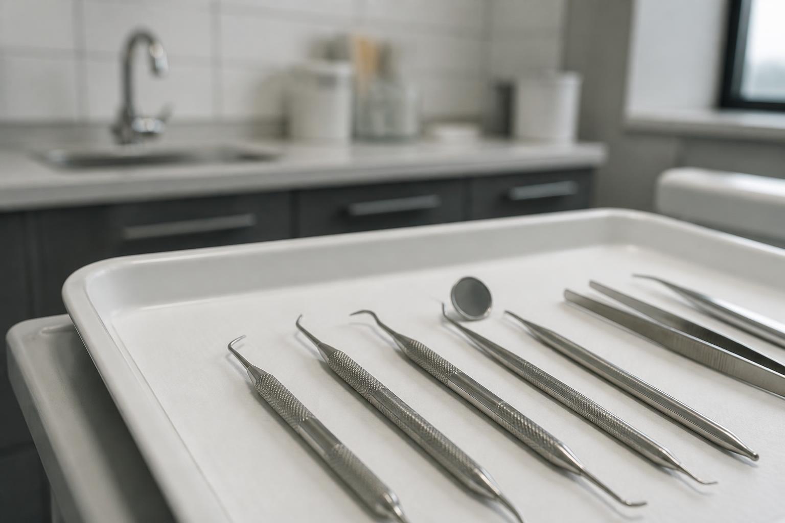Dental hygiene instruments including a scaler and periodontal probe laid out on a sterile tray