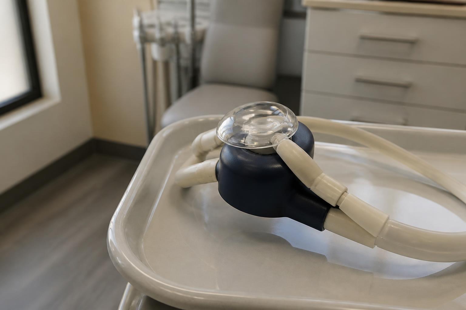 Nitrous oxide nasal mask resting on a clean dental tray