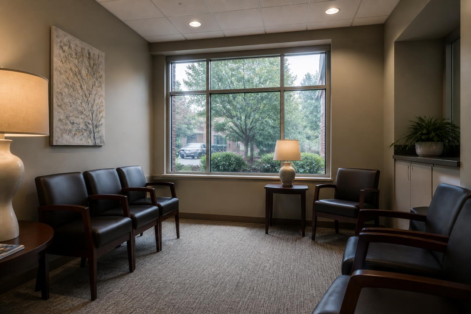 Dental office waiting area with comfortable chairs and soft lighting