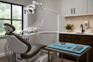Empty dental endodontic treatment room set up for a root canal procedure with a dental chair, overhead light, and instrument tray