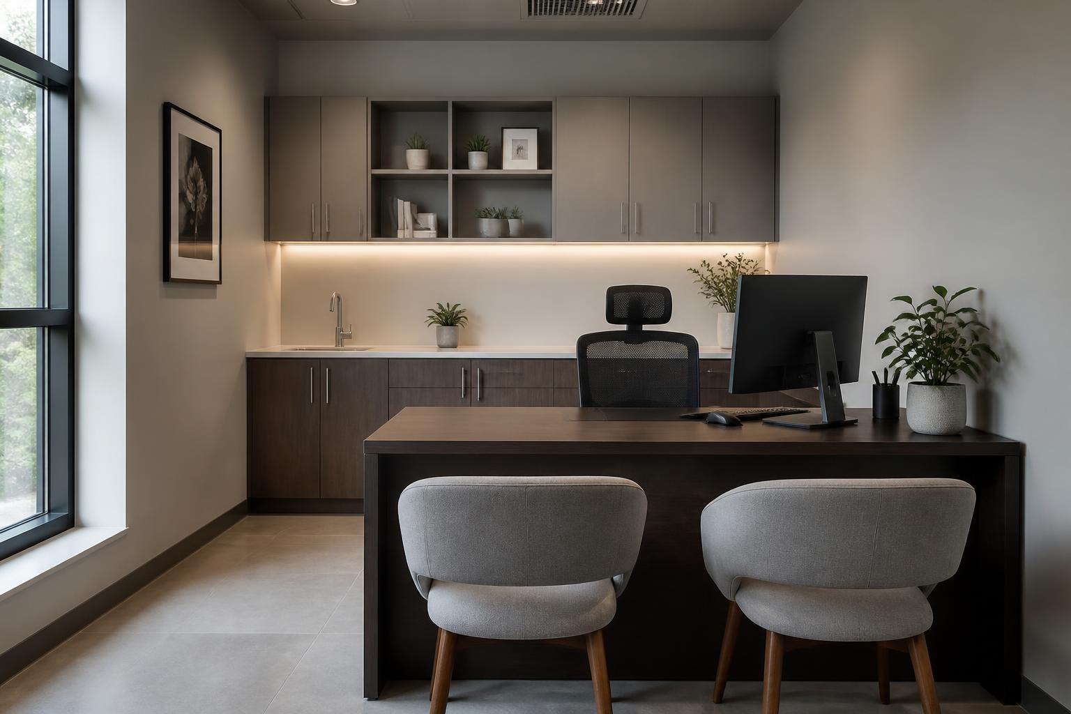 Dental consultation room with two chairs facing a desk and soft natural light