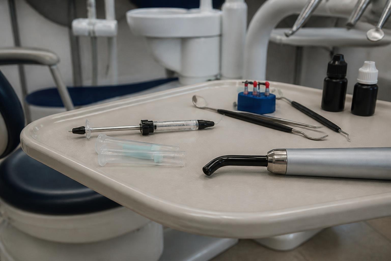 Dental sealant application tools and a curing light tip resting on a clean sterile tray