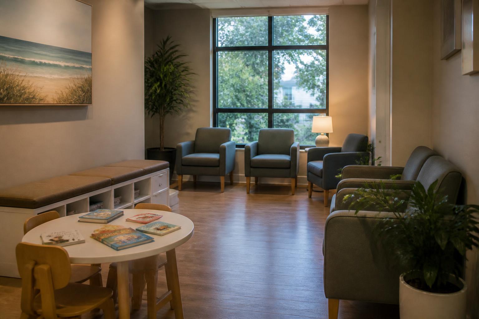 Warm, welcoming pediatric dental office waiting area with a small table, children's books, and soft seating