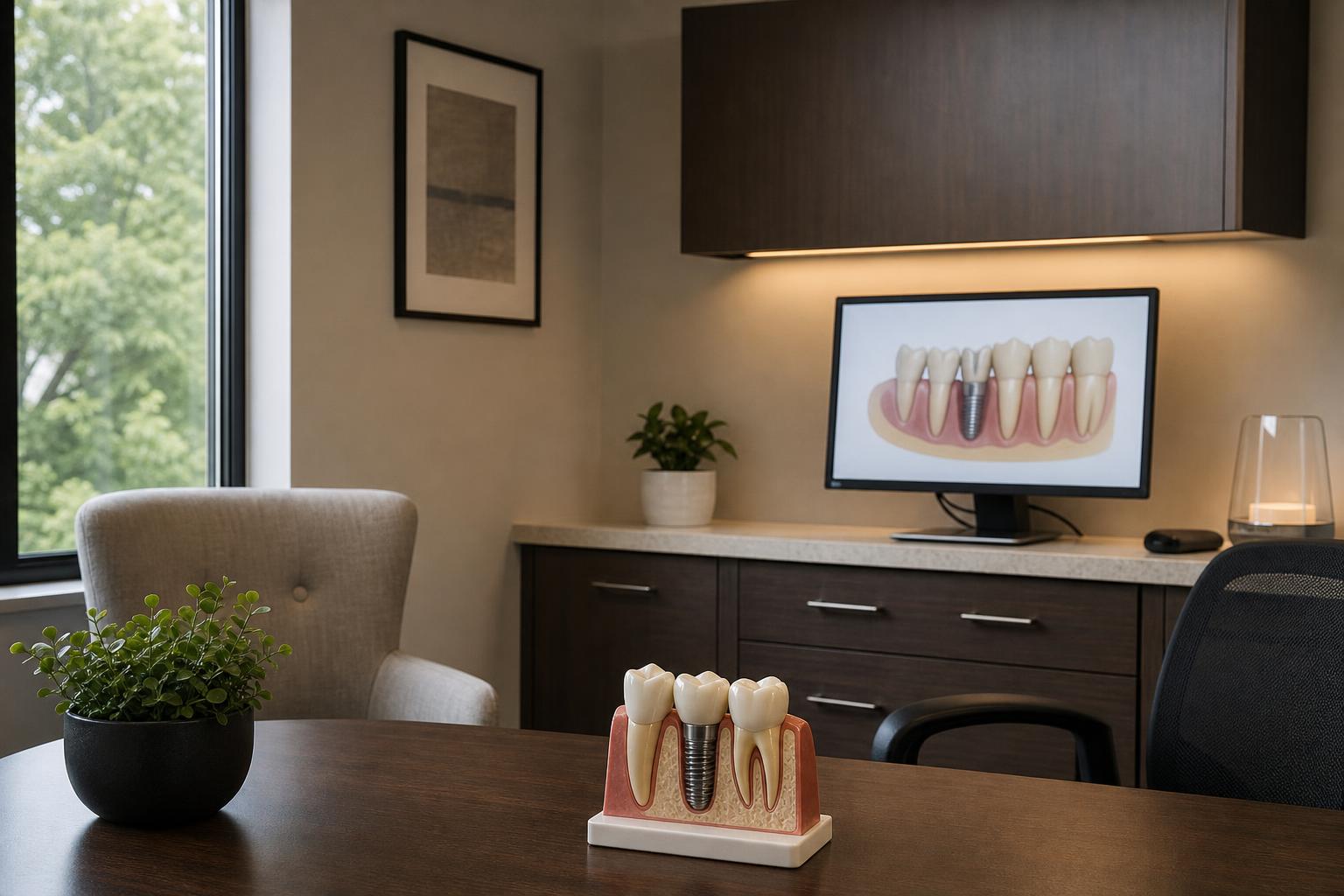 Empty dental consultation room with a desk, a dental implant model on a stand, and a monitor showing a dental chart graphic