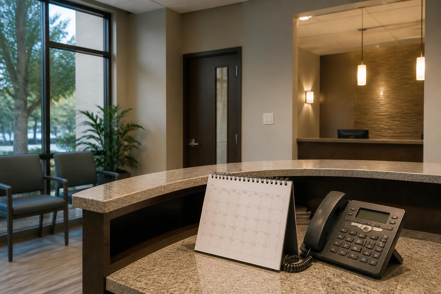 Dental office emergency scheduling desk with a phone and a desk calendar