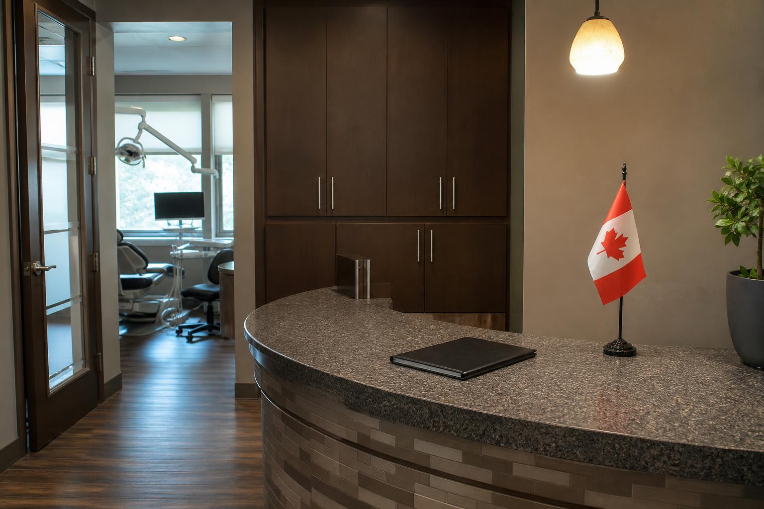 Empty dental office front desk area with a closed folder and a small Canadian flag desk accessory