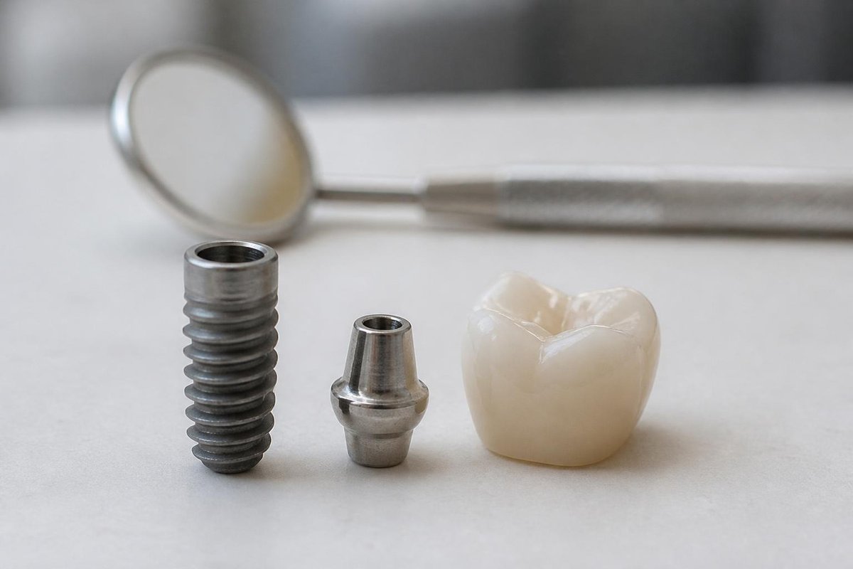 A titanium dental implant post, abutment and ceramic crown laid out beside a mouth mirror