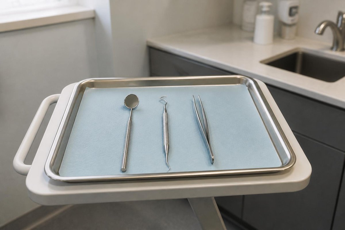 A clean dental instrument tray with a mouth mirror and explorer on blue paper