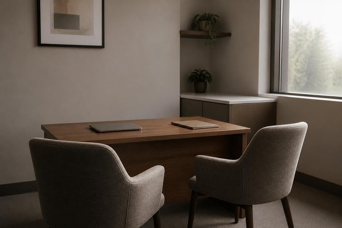 A quiet consultation room with a small desk and two chairs