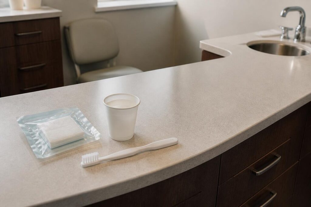 Sterile gauze, a cup of water and a soft toothbrush on a dental office counter