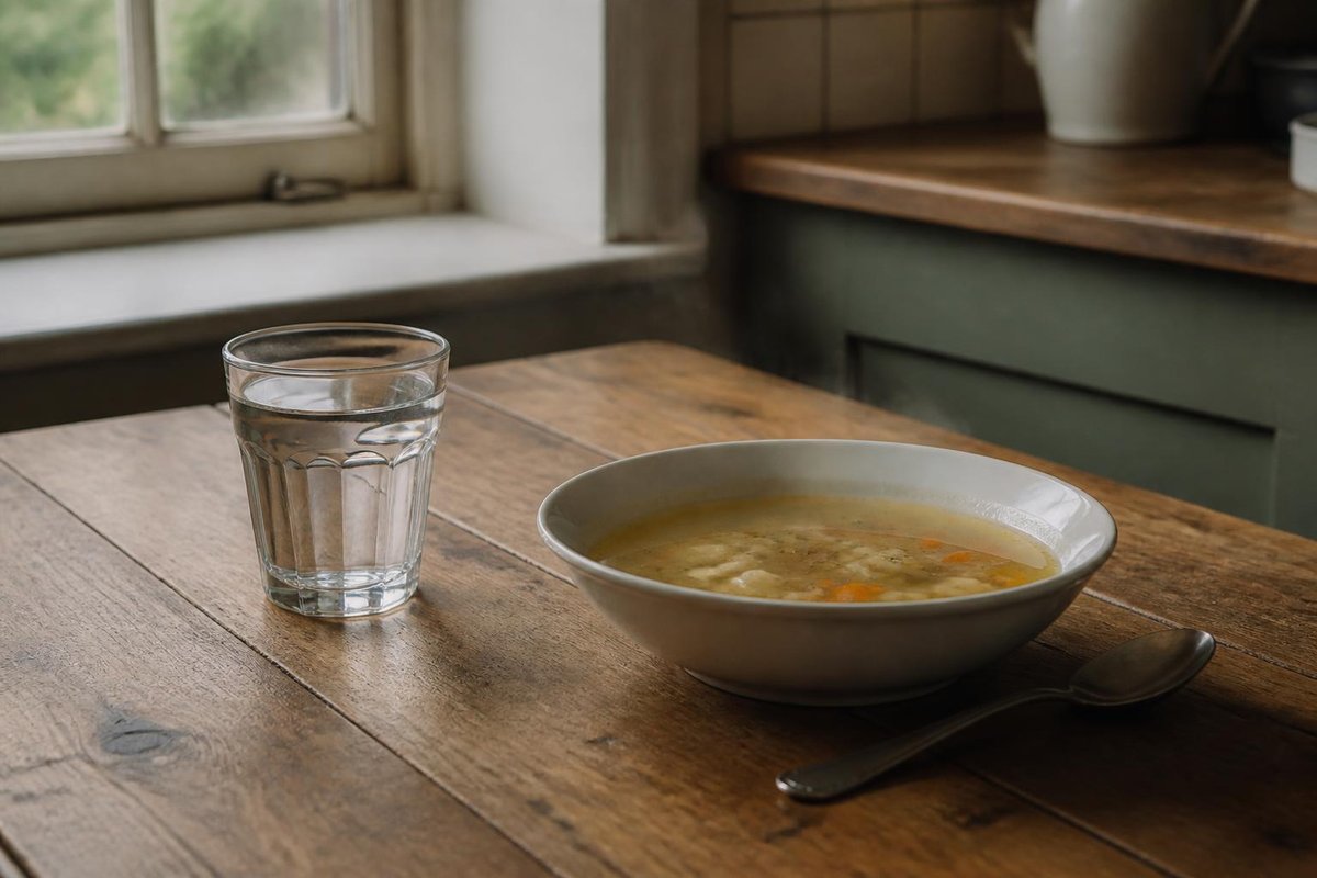 A bowl of soup and a glass of water on a kitchen table