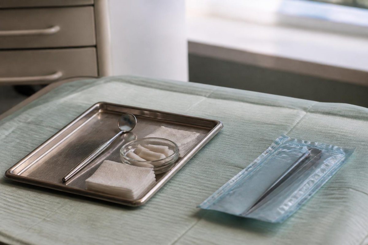 A dental setup tray with a mirror, cotton rolls and a small glass dish
