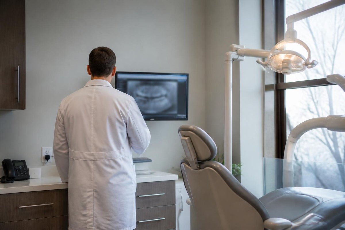 A dentist seen from behind reviewing an image on a monitor in a treatment room