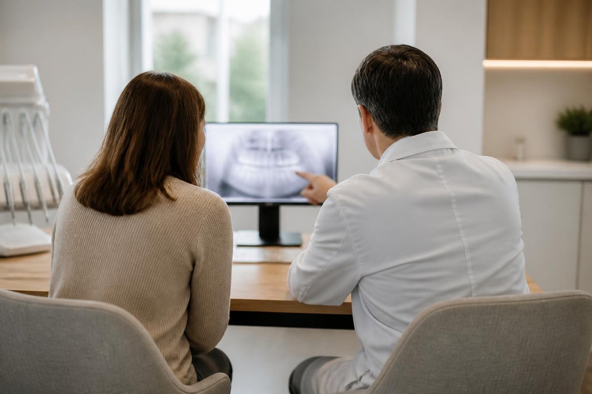 A dentist and patient seen from behind looking at a monitor together