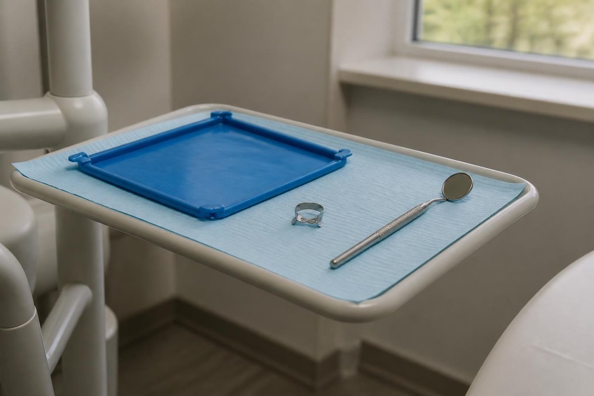 A blue dental rubber dam frame, clamp and mouth mirror on a sterile tray