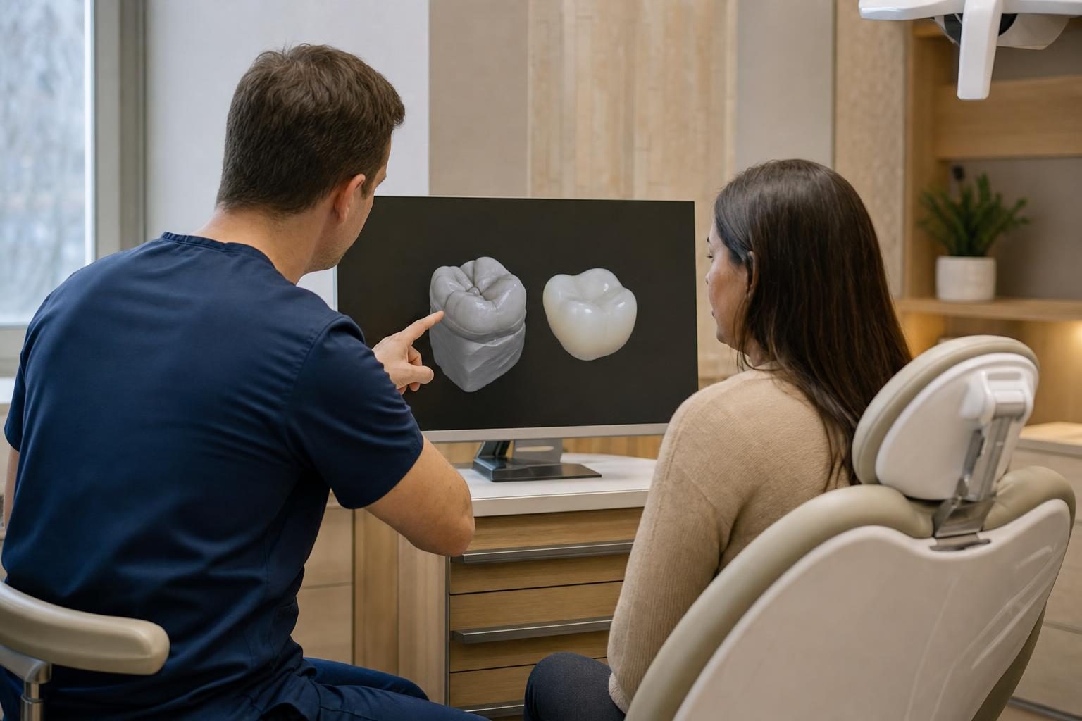 Dentist showing a patient a 3D digital design of a tooth and crown on a chairside monitor